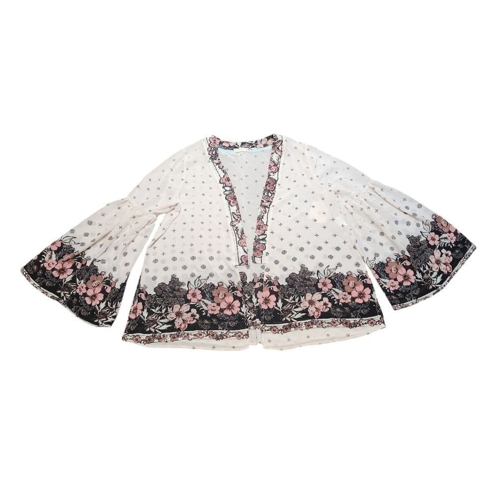 Altar'd State Kimono‎ Cardigan Size L Floral Pink Boho Hippie Festival Indiepop